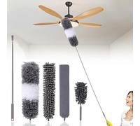 Lot de 4 plumeaux télescopiques, longs et extensibles, en microfibre et acier inoxydable avec tige télescopique longue extensible jusqu'à 2,5 m, plusieurs têtes de brosse interchangeables pour balayer
