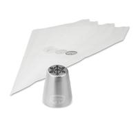 Dr Oetker 1375 Ensemble douille flocon de neige et 4 poches à douille, Douille patisserie, Poche à douille, Acier inoxydable, Plastique, Blanc, Argenté