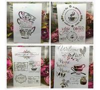 Lot de 4 pochoirs réutilisables pour peinture, format A4, 29 cm, motif tasse à thé, café, pour peinture sur bois, toile, papier, tissu, roche, loisirs créatifs