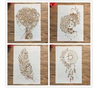 Lot de 4 pochoirs réutilisables pour peinture sur bois, format A4, 29 x 21 cm, motif de fille, boucles d'oreilles, lune, pour peinture, bricolage, décoration d'intérieur, scrapbooking, coloriage