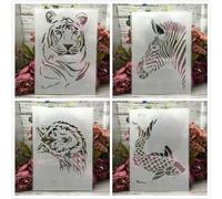 Lot de 4 pochoirs réutilisables pour travaux manuels, 29 cm, format A4, tigre, loup, zèbre, carpe, pour peinture sur bois, toile, dessin, art mural, décoration d'intérieur