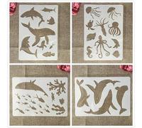 Lot de 4 pochoirs réutilisables pour travaux manuels, format A4, 29 cm, requin, girafe, océan, forêt, pour peinture sur bois, toile, dessin, art mural, décoration d'intérieur, style F