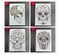 Lot de 4 pochoirs tête de mort - Format A4 - 29 x 21 cm - Motif mandala - Pour peinture, coloriage, gaufrage, scrapbooking, album décoratif
