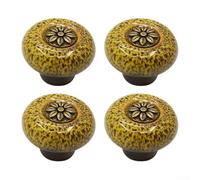 Lot de 4 poignées de tiroir rondes rétro à trou unique pour commode, cuisine, poterie, construction en alliage de zinc (jaune)