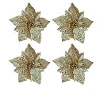 Lot de 4 poinsettias artificielles à paillettes pour sapin de Noël - 15 cm - Pour couronne de Noël, vase, fête, décoration de table de mariage (doré)