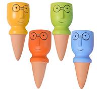 Lot de 4 pointes d'arrosage automatique en terre cuite pour plantes, forme de visage avec lunettes, irrigation goutte à goutte colorée, idéale pour plantes d'extérieur, balcon, jardin et vacances