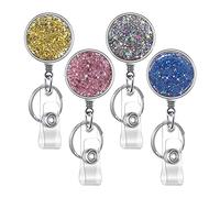 Lot de 4 porte-badges rétractables en plastique léger avec clip de ceinture pour infirmière, bénévole, enseignant, étudiant, bureau - Doré, argenté, rose bleu