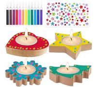 Lot de 4 porte-bougies chauffe-plat en forme de flocon de neige avec étoiles et flocons de neige pour Noël,Kit de bricolage pour photophore en bois pour bricoler et décorer pour garçons et filles