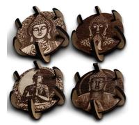 Lot de 4 Porte-Bougies en Bois Gravé avec Bouddha - Support pour Bougies Chauffe-Plat | Décoration Zen pour la Maison, Méditation, Yoga et Relaxation | Style Rustique et Spirituel