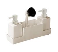 ＡＷＨＡＯ Lot de 4 Porte-Bouteilles à Pompe, Distributeur de Savon de Cuisine avec Porte-éponge, Plateau de Rangement Multifonctionnel pour Bouteilles de Savon, Beige