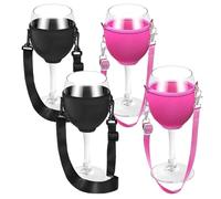 Lot de 4 porte-verres à vin à porter autour du cou - En tissu - Pour pique-nique, piscine, mariage, anniversaire, fête du vin - Rose et noir