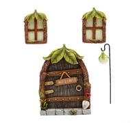 Lot de 4 portes et fenêtres phosphorescentes pour décoration de jardin miniature en résine pour arbres, murs, jardinières et scènes sur le thème des contes de fées