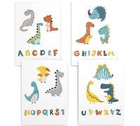 Lot de 4 posters, A4 (21x30 cm) affiches sans cadre, décoration murale, cadeau pour garçons chambre d’enfant ou du bébé, alphabet, Dinosaure ABC