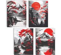 Lot de 4 posters de paysage japonais avec montagne Fuji, soleil rouge et pagodes, impressions artistiques A4, art asiatique, décoration murale pour salon, chambre à coucher, bureau