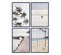Lot de 4 posters decoration murale. Paysage tropical, plage, surf et palmiers pour les tableaux de votre mur. 30 x 40 cm. Posters imprimés sur du papier résistant. Affiche Sans Cadre. 30 x 40 cm.