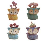 Lot de 4 pots de fleurs en céramique en forme de renard avec un trou pour décoration de maison et de bureau