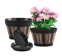 Lot de 4 Pots de Fleurs en Forme de tonneau à Whisky avec Trous de Drainage et Soucoupe - Pots de Fleurs décoratifs en Plastique Imitation tonneau de vin - pour intérieur et extérieur, Jardin, Maison