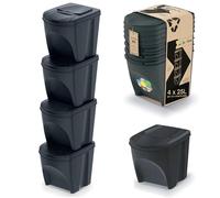 Lot de 4 poubelles + autocollants colorés avec marquages du type de tri des déchets ECO - Lot de 4 poubelles de 25 l en anthracite à empiler Compactes et faciles à trier les déchets ménagers Bois