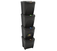 Lot de 4 poubelles empilables, grises, 100 l, en polypropylène, avec couvercle et étiquettes pour la maison, le bureau, le jardin, le tri des déchets et le recyclage