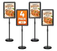 Lot de 4 Présentoir A3 sur Pied Réglable - Porte Affiche & Support d’Affichage avec Coins Arrondis - Stands de Présentation et d’information pour Mariage, Commerce, Avis Extérieur, Porte Menu - Noir