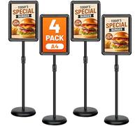 Lot de 4 Présentoir A4 sur Pied Réglable - Porte Affiche & Support d’Affichage avec Coins Arrondis - Stands de Présentation et d’information pour Mariage, Commerce, Avis Extérieur, Porte Menu - Noir