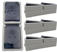 Lot de 4 prises à 2 prises IP44 avec couvercle rabattable 230 V - Montage en saillie - Prise double pour pièces humides et extérieur - Gris (vertical)