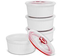 Lot de 4 ramequins avec couvercles en céramique de 9,5 cm de diamètre intérieur pour tartes, gâteaux, confitures et soufflés, passent au micro-ondes, au four, au lave-vaisselle et à la friteuse à air