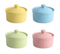Lot de 4 ramequins de 125 ml avec couvercles, plats à soufflés en porcelaine pour crème brûlée et muffin, plats de cuisson pour pudding et crème glacée, mini bols pour sauces, collations et fruits