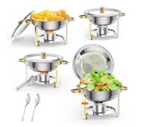 Lot de 4 Réchaud à Buffet Or, Ensemble de Chauffe Inox avec Couvercles, Porte-Couvercle, Cuillères & Pinces, Plats Buffet Traiteur