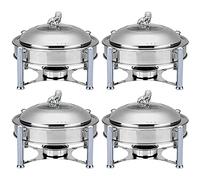 Lot de 4 réchauds Ronds en Acier Inoxydable de Grande Taille pour buffets, avec bac à Nourriture, Cadre, Couvercle et réservoir à Combustible