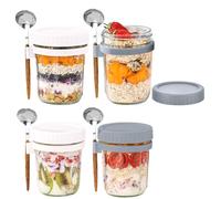 Lot de 4 récipients à avoine de nuit avec couvercles et cuillères, bocaux Mason en verre pour avoine de nuit anti-fuite pour céréales, fruits, légumes, lait, salade, yaourt, préparation des repas (D)