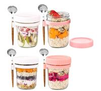 Lot de 4 récipients à avoine de nuit avec couvercles et cuillères, bocaux Mason en verre pour avoine de nuit anti-fuite pour céréales, fruits, légumes, lait, salade, yaourt, préparation des repas (B)