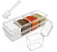 Lot de 4 récipients à épices transparents avec couvercles et cuillères - En acrylique - Pour sel, poivre, sucre, cannelle, clou de girofle