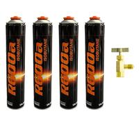 Lot de 4 réfrigérants R600a 750 ml/420 g d'isobutane + valve de prélèvement/vanne de perçage