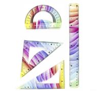Lot de 4 règles de géométrie en plastique souple avec rapporteur, règle droite et deux règles triangulaires pour une utilisation dans les projets scolaires et le dessin professionnel (30 cm)