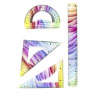 Lot de 4 règles flexibles en plastique coloré avec mesure droite, triangulaire et rapporteur à double échelle pour surfaces irrégulières, étudiants et artistes (30 cm)
