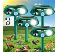 Lot de 4 répulsifs à ultrasons pour animaux d'extérieur - Répulsif solaire pour animaux - Avec détecteur de mouvement et lumière LED - Pour écureuil, chien, mouffette, raton laveur, rongeur