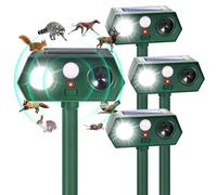 Lot de 4 répulsifs solaires à ultrasons pour animaux avec détecteur de mouvement et lumière stroboscopique LED pour effrayer les lapins, écureuils, mouffettes pour cour 2025