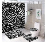 Lot de 4 rideaux de douche à imprimé zèbre, tapis de bain antidérapant avec housse d'abattant de toilette et rideau de douche imperméable avec 12 crochets, ensemble complet de salle de bain pour