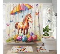 Lot de 4 rideaux de douche avec crochets - Motif chevaux de Pâques - 183 x 183 cm - Ensemble d'accessoires de salle de bain avec tapis de bain, tapis de couvercle de toilette en forme de U
