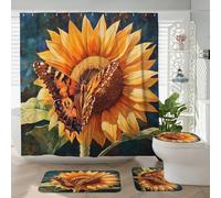 Lot de 4 rideaux de douche avec tapis antidérapant, tapis de couvercle de toilette en forme de U, décoration de bain d'insectes, accessoires de salle de bain 183 cm