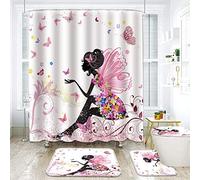 Lot de 4 rideaux de douche avec tapis de bain, ensemble d'accessoires de salle de bain, motif floral rose, antimoisissure, ensemble de rideaux de douche, tapis de siège de toilette, crochets pour