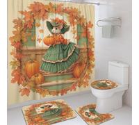 Lot de 4 rideaux de douche d'automne en tissu avec crochets pour décoration de salle de bain, tapis de bain motif citrouille, vert et orange, 183 x 183 cm