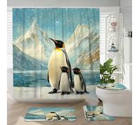 Lot de 4 rideaux de douche d'hiver avec crochets - Ensemble d'accessoires de salle de bain avec tapis de bain, tapis en forme de U et tapis pour abattant de toilettes, motif pingouin antarctique - 183