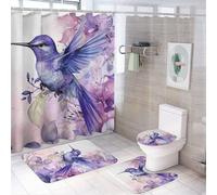 Lot de 4 rideaux de douche élégants en forme de colibri avec tapis antidérapants, housse de couvercle de toilette et tapis de bain, belle fleur, oiseau, animal, décoration de salle de bain, rideaux de