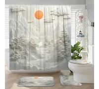 Lot de 4 rideaux de douche en forme de montagne avec tapis antidérapant, tapis en forme de U et tapis de couvercle de toilette, blanc 3D nature, ensemble d'accessoires de salle de bain, 183 x 183 cm