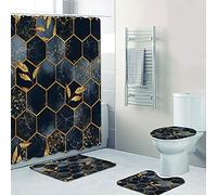 Lot de 4 rideaux de douche en marbre avec tapis pour décoration de salle de bain, bleu marine ombré géométrique avec feuilles à rayures dorées et tapis antidérapants, housse de toilette et crochets