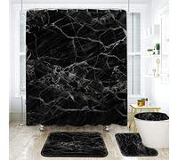 Lot de 4 rideaux de douche en marbre noir avec tapis de bain, motifs marbrés, tapis antidérapants, coussinets absorbants et rideaux de douche imperméables + crochets (noir)