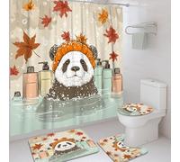Lot de 4 rideaux de douche motif panda, vert menthe, orange, feuilles d'automne, tapis de bain, accessoires pour décoration de salle de bain, ensemble de rideau de douche moderne en tissu imperméable