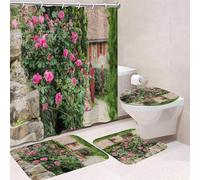 Lot de 4 rideaux de douche motif plantes méditerranéennes avec tapis de bain, tapis en forme de U, tapis de toilette, 12 crochets, taille : 180 x 180 cm, couleur : 17 - parfait pour la décoration de